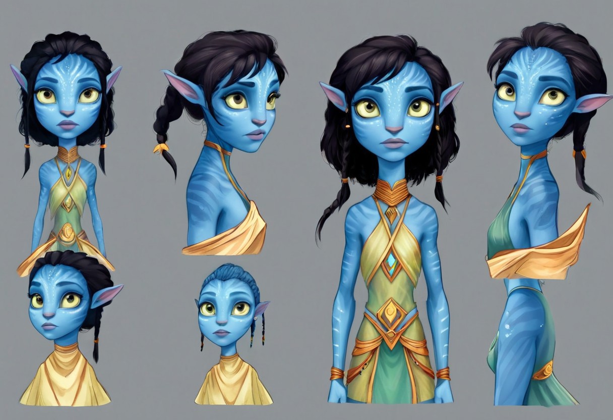 Character Design page of a young female Avatar navi alien with blue skin, wearing leaf tunic