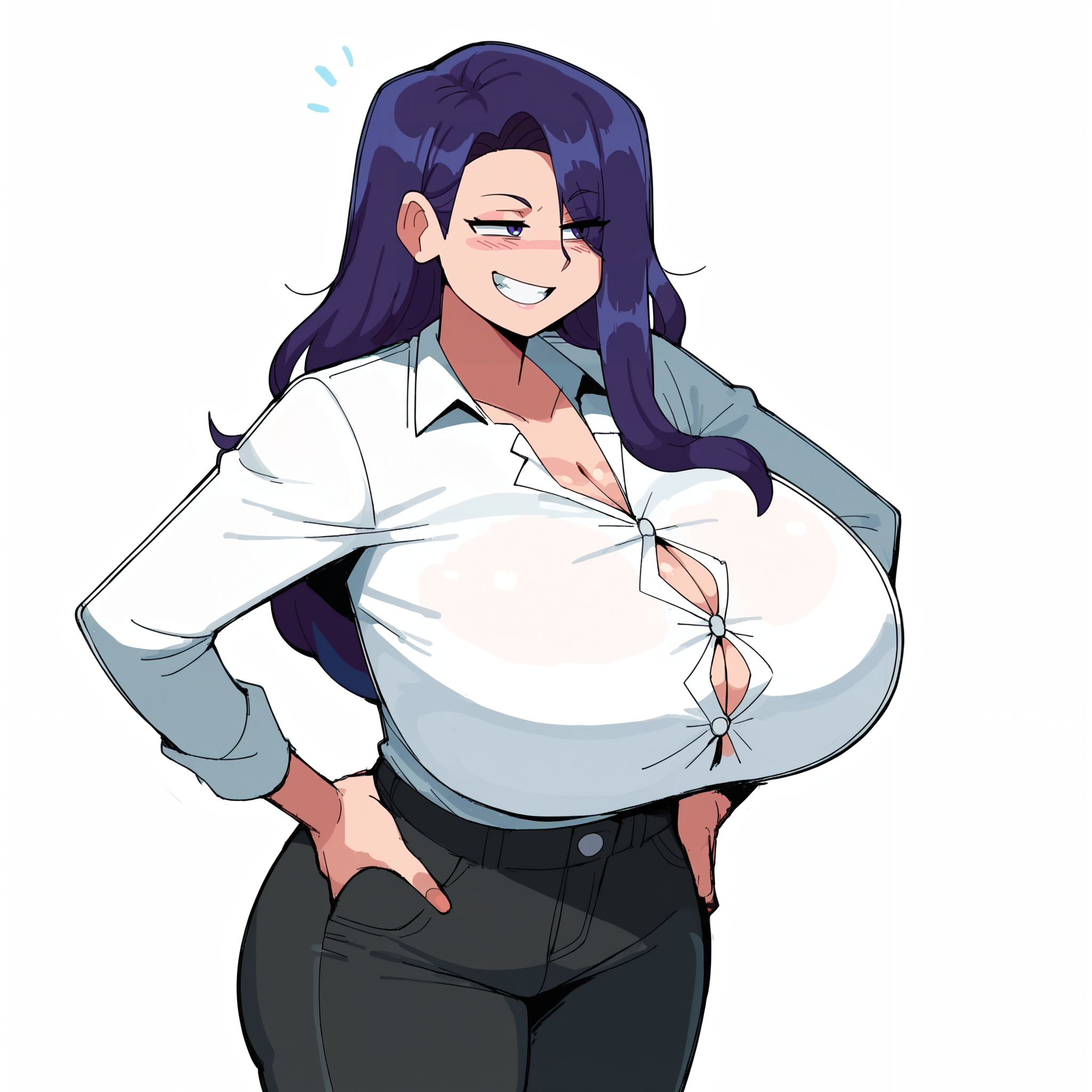 lewdlemage, , hands on own hips, white shirt, black pants, half-closed eyes, long hair, smile, 
1girl , solo, three quarter view, cowboy shot,
huge breasts, huge ass,
simple background, white background, 
anime screencap, anime coloring, 
score_9, score_8_up, score_7_up, score_6_up, source_anime, (2d, 2D artwork),  <lora:Pony XL Lewdlemage_Style_Pony:1>