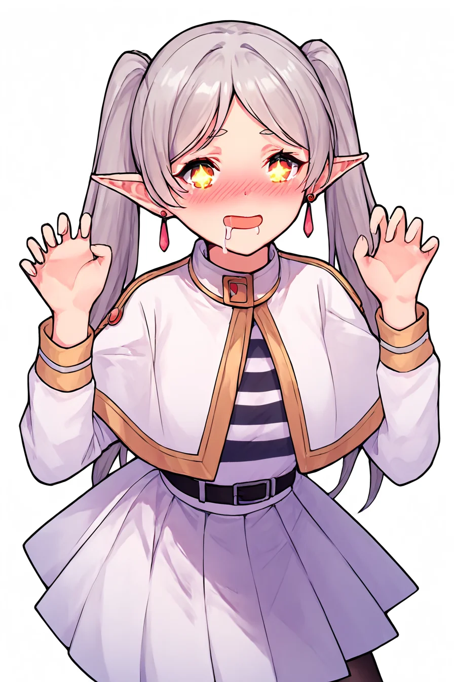 score_9, score_8_up, score_7_up, score_6_up, score_5_up, score_4_up, <lora:frieren-ponyxl-lora-nochekaiser:0.8> ,frieren, long hair, twintails, grey hair, pointy ears, elf, white shirt, long sleeves, white sleeves, jewelry, pantyhose, earrings, striped, black pantyhose, capelet, striped shirt, skirt, white skirt, 1girl, alone, <lora:Pervert_face_and_pose:1>,claw pose, + +, glowing eyes, mouth drool, blush, alone, masterpiece, highres, highly detailed face, white background, simple background,