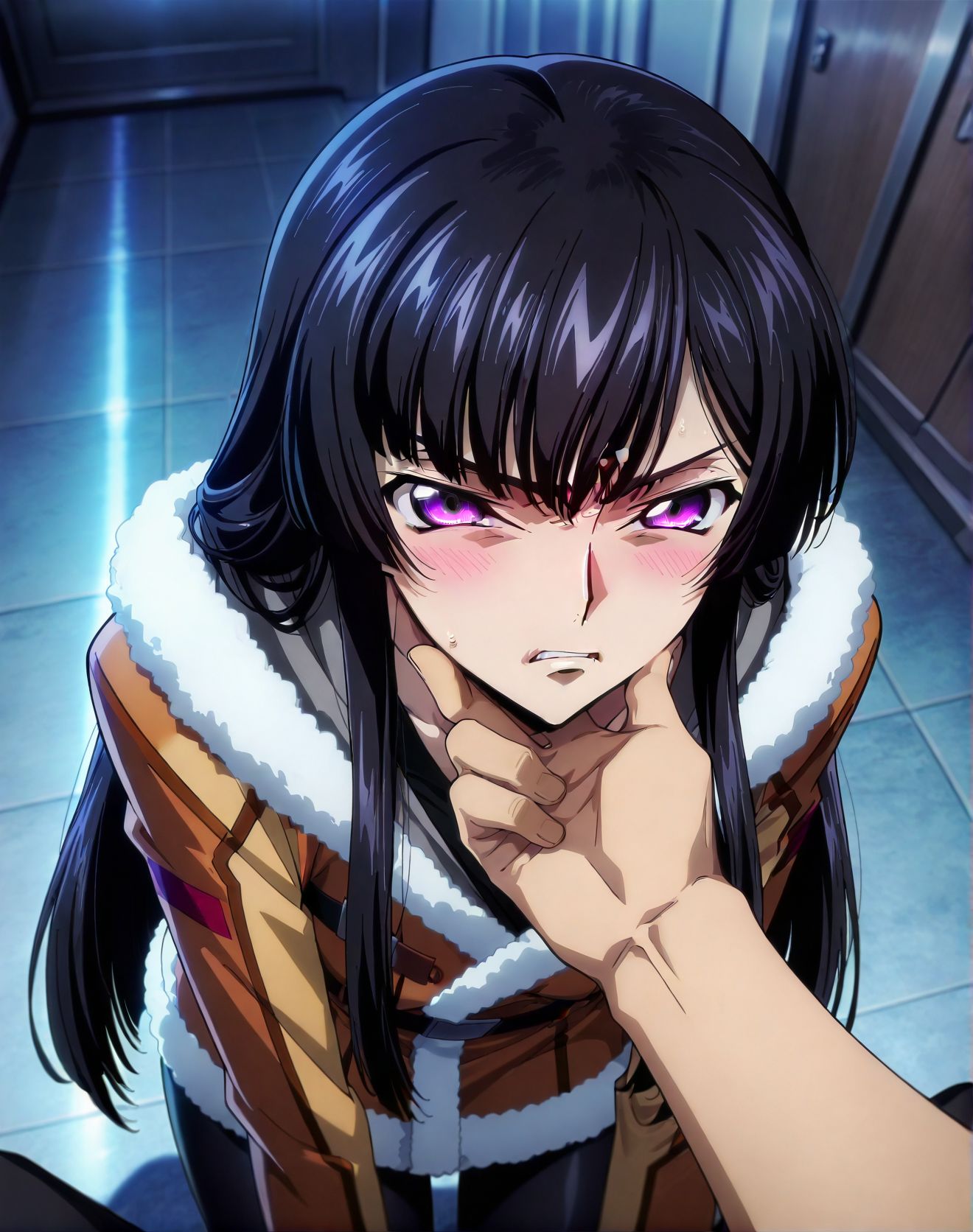 masterpiece, best quality, newest, absurdres, highres, detailed eyes, beautiful, detailed background, perfect eyes, anime coloring, anime screencap,<lora:add-detail-xl:0.5>
<lora:Glaring_expression:0.6>Glaring_expressionV1, 
1girl,hetero,1boy,solo focus,pov, annoyed expression,
hand on another's chin,glaring expression,blush, 
grab the chin,angry, v-shaped eyebrows, angry, 
Scowling face,	disgust, Tsk,parted lips,
BREAK
<lora:Sakuya_Sumeragi_Code_Geass_Rozé_of_the_Recapture_-_Illustrious:0.7>Sakuya coat outfit, long hair, purple eyes, pantyhose, black hair, black hair, 
 code geass, official art,