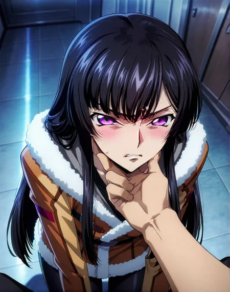 masterpiece, best quality, newest, absurdres, highres, detailed eyes, beautiful, detailed background, perfect eyes, anime coloring, anime screencap,<lora:add-detail-xl:0.5>
<lora:Glaring_expression:0.6>Glaring_expressionV1,
1girl,hetero,1boy,solo focus,pov, annoyed expression,
hand on another's chin,glaring expression,blush,
grab the chin,angry, v-shaped eyebrows, angry,
Scowling face, disgust, Tsk,parted lips,
BREAK
<lora:Sakuya_Sumeragi_Code_Geass_Rozé_of_the_Recapture_-_Illustrious:0.7>Sakuya coat outfit, long hair, purple eyes, pantyhose, black hair, black hair,
code geass, official art,