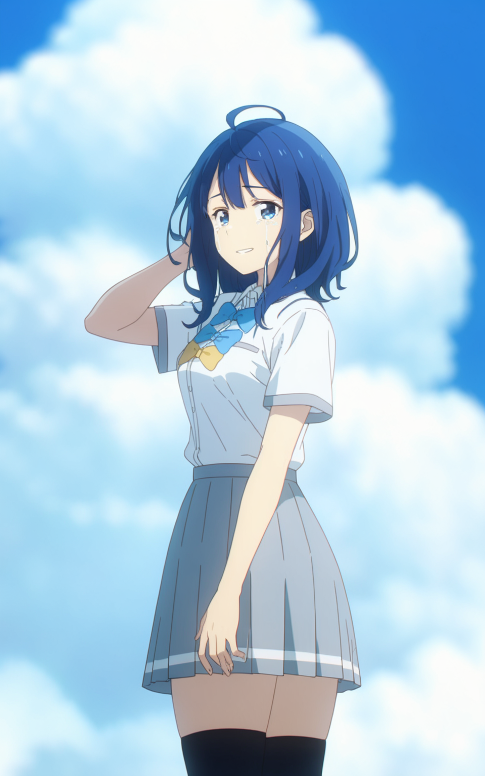 8k, best quality, masterpiece, (ultra-detailed), (high detailed skin), 
<lora:Yanami_Anna-a3-Tanger:0.8>, Yanami Anna, 1girl, blue hair, blue eyes, 
default clothes, socks, white shirt, short sleeves, school uniform, bow, 
beautiful blue sky, cloud, standing, upper body, looking at viewer, tears, smile, fingers through hair.,