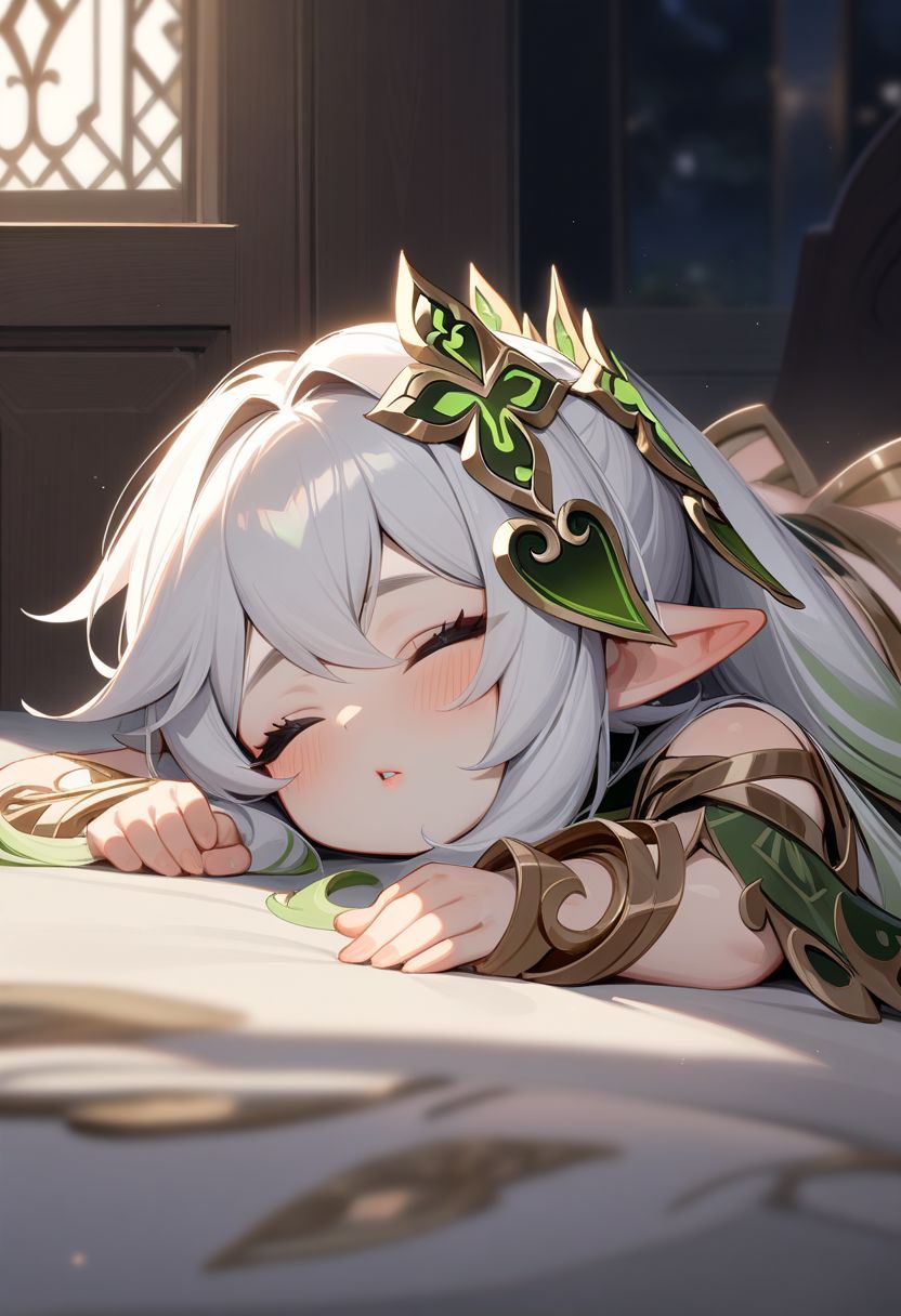 Nahida /(Genshin impact)/,solo, parted lips, masterpiece, best quality, very aesthetic, absurdres, lying on the bed, lying on stomach, closed eyes, slipping , shadow, night, cute, (((perfect female body))), shiny skin, super idol face, intricate details, (perfect lighting), highres, flush lips, perfect lips, black eyeshadow, thick thighs, thighs ass, dark
