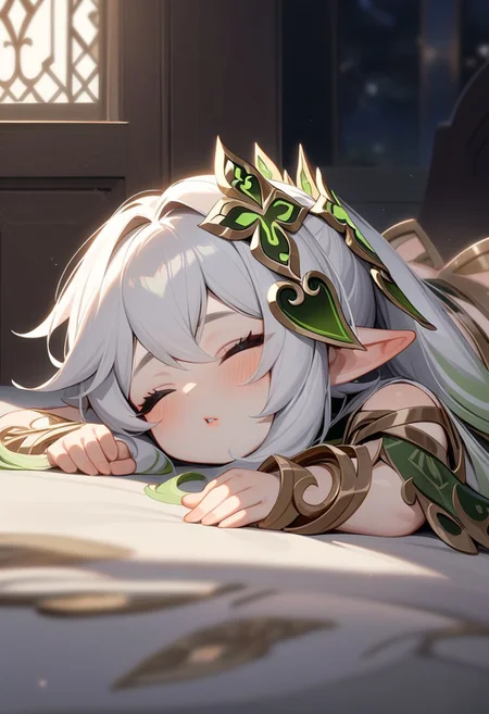 Nahida /(Genshin impact)/,solo, parted lips, masterpiece, best quality, very aesthetic, absurdres, lying on the bed, lying on stomach, closed eyes, slipping , shadow, night, cute, (((perfect female body))), shiny skin, super idol face, intricate details, (perfect lighting), highres, flush lips, perfect lips, black eyeshadow, thick thighs, thighs ass, dark