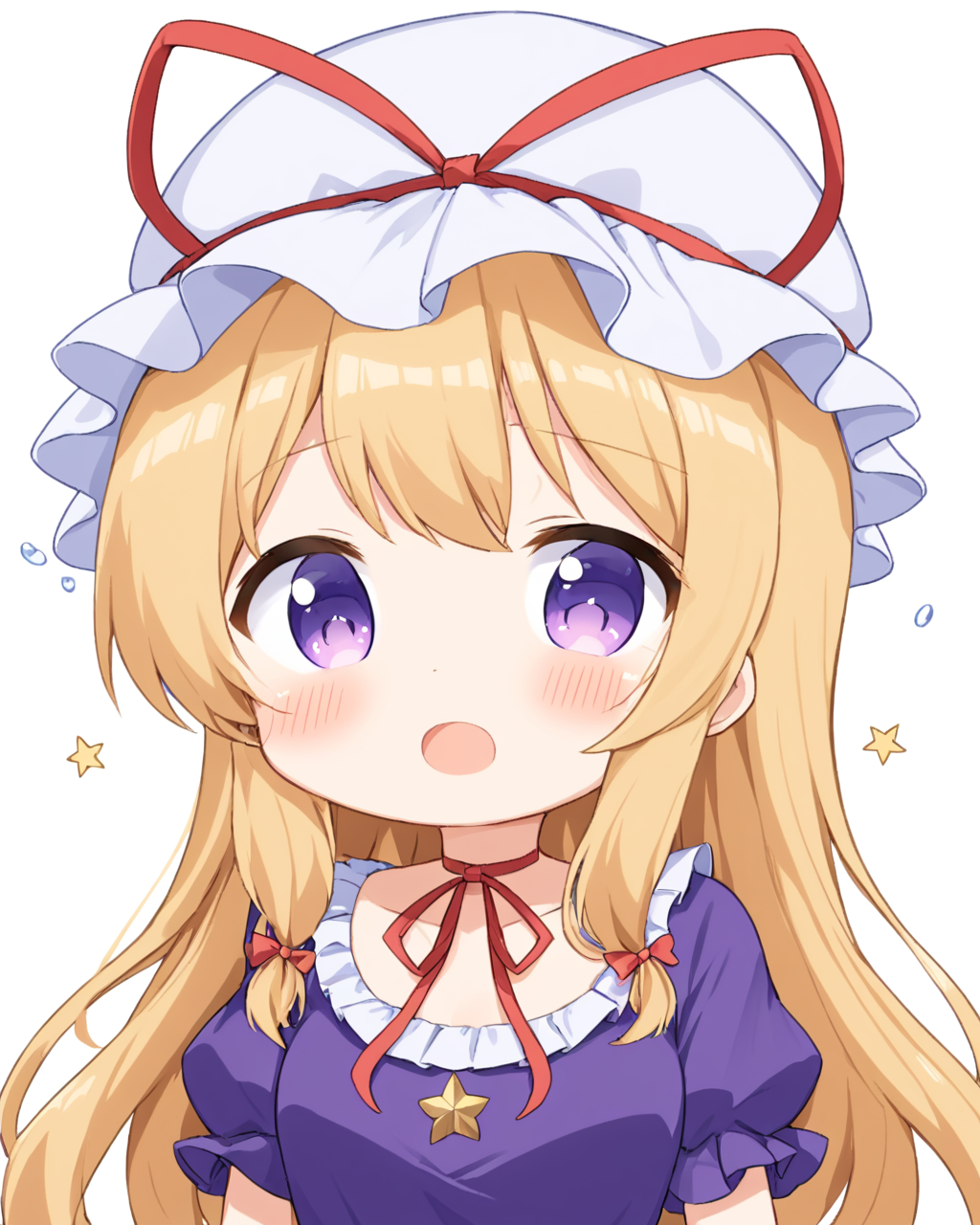 yakumo yukari,1girl, solo, >_<, chibi, open_mouth, mob_cap, white_gloves, white_background, purple_dress, blush, simple_background, hat_ribbon, tears, flying_sweatdrops, upper_body, crossed_bandaids, wavy_mouth, ribbon_choker
<lora:yakumo_yukari_image6089_2023-12-20-000007:1>,star-shaped_pupils,symbol-shaped_pupils,. gorgeous,key visual, vibrant, studio anime,award-winning, professional, highly detailed,high budget, cinemascope