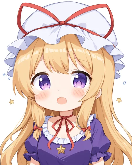 yakumo yukari,1girl, solo, >_<, chibi, open_mouth, mob_cap, white_gloves, white_background, purple_dress, blush, simple_background, hat_ribbon, tears, flying_sweatdrops, upper_body, crossed_bandaids, wavy_mouth, ribbon_choker
<lora:yakumo_yukari_image6089_2023-12-20-000007:1>,star-shaped_pupils,symbol-shaped_pupils,. gorgeous,key visual, vibrant, studio anime,award-winning, professional, highly detailed,high budget, cinemascope