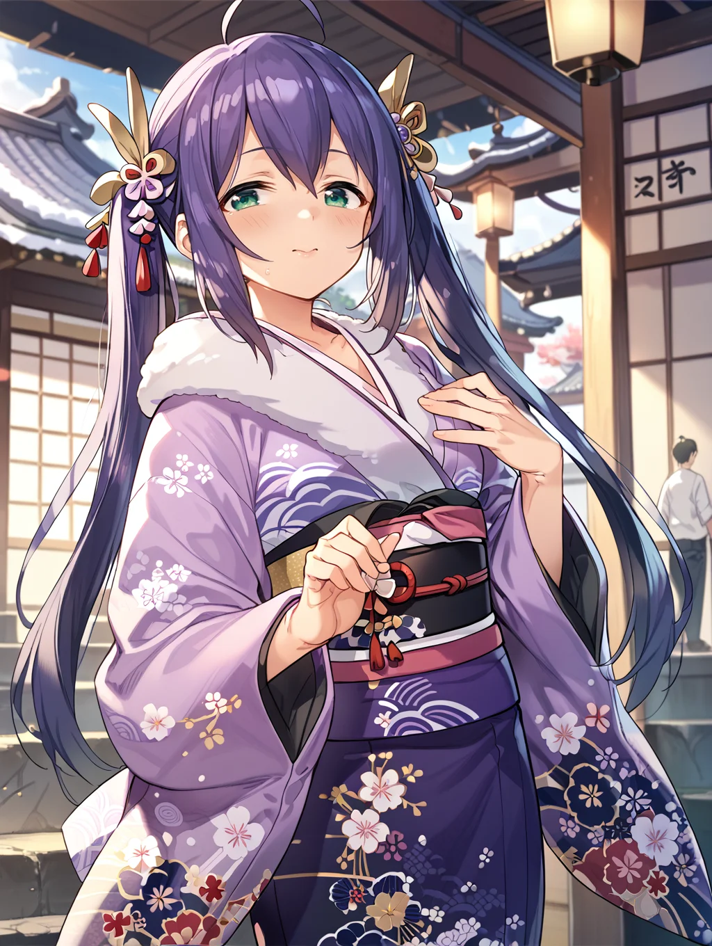 score_9,score_8_up,score_7_up,
official art,official style,game cg,megami magazine,
uncensored,
1girl,solo,
mochizuki anna,purple hair,green eyes,ahoge,twintails,
japanese clothes,obi,obijime,obiage,kimono,fur-trimmed kimono,fur trim,
<lora:idolmaster_mochizuki_anna_pony_v1:1>,