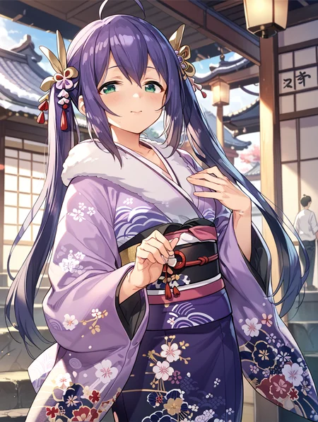 score_9,score_8_up,score_7_up,
official art,official style,game cg,megami magazine,
uncensored,
1girl,solo,
mochizuki anna,purple hair,green eyes,ahoge,twintails,
japanese clothes,obi,obijime,obiage,kimono,fur-trimmed kimono,fur trim,
<lora:idolmaster_mochizuki_anna_pony_v1:1>,