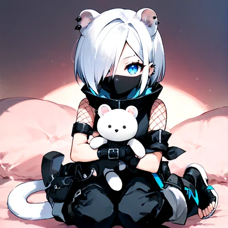 anime artwork Masterpiece, high quality, score_9, score_8_up, score_7_up, 1girl, cute, small, girly bedroom, hugging stuffed animal, pink room, <lora:Shirayuki v5-000011:0.75> akshirayuki, weasel ears, white tail, blue eyes, white hair, hair over one eye, ear piercing, shirayubase, fishnet shoulders, black mask, no mouth, black toeless boots, wide collar, hood down, black shirt, black gloves, fingerless gloves, sleeveless, single arm warmer, black pants, rolled up pants, black clothes, belt accessory, belt pouch  <lora:Fangdongye3:0.5> fangdongye . anime style, key visual, vibrant, studio anime,  highly detailed