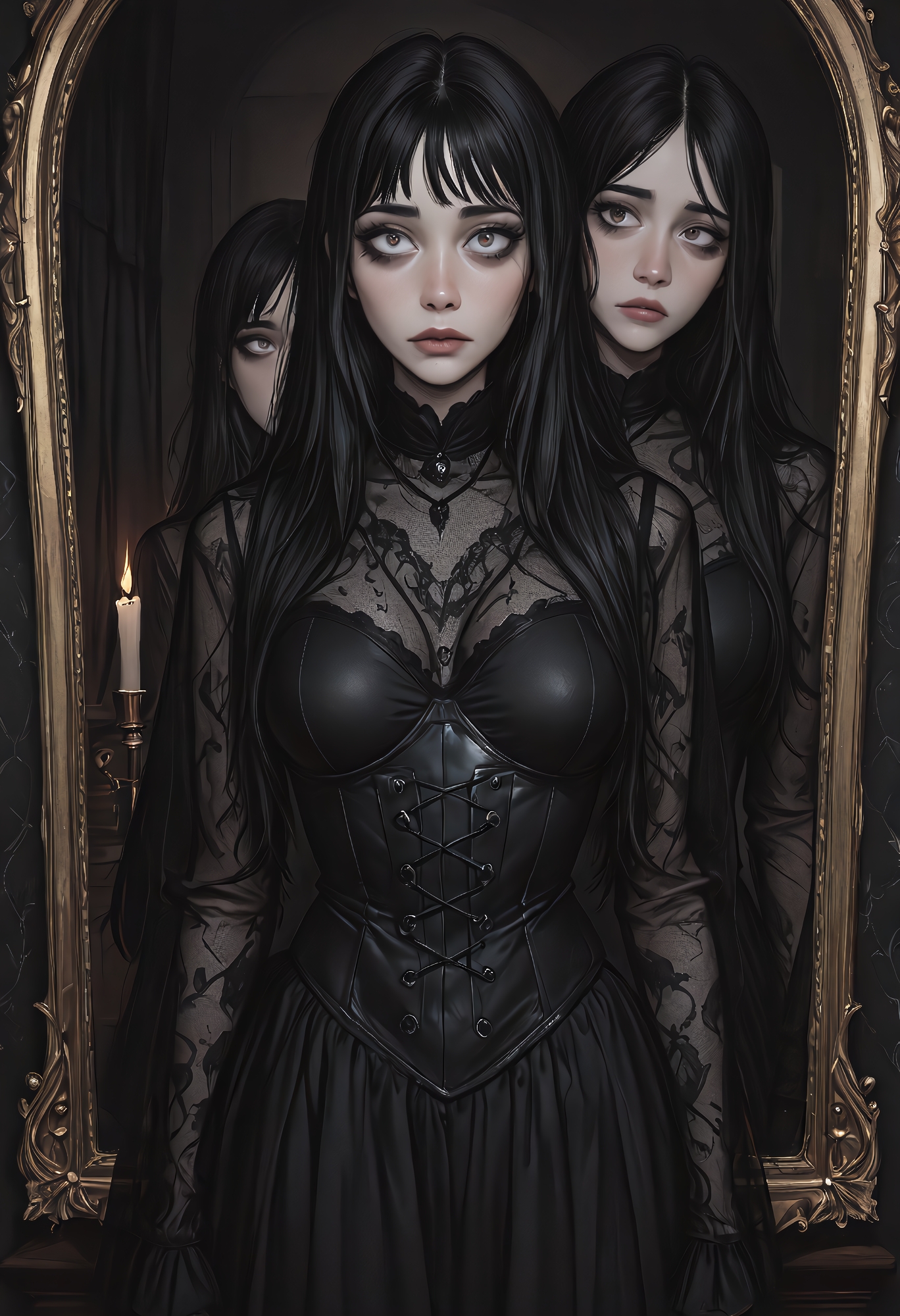 darkmode, (((best quality))), (((masterpiece))), (((amazing quality))), (((very aesthetic))), (((detailed eyes))), (((perfect eyes))), (((realistic eyes))), pale-skinned goth girl standing near an antique mirror, soft candlelight reflecting off her black leather corset and sheer mesh top, long black hair with full bangs, thick black glasses glowing subtly, deep eye contact with viewer, dark velvet curtain background, cinematic shadows, soft rim lighting, gothic jewelry, moody noir tone, faint haze, introspective atmosphere, 58mm lens,