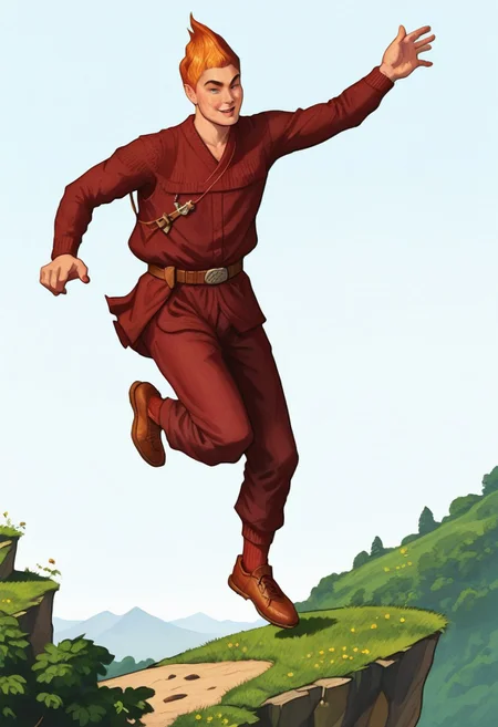 score_8, score_8_up, score_7_up, oblivionarts, 1boy, male focus, solo,  adoring_fan, (((jumping off a cliff))), simple background,