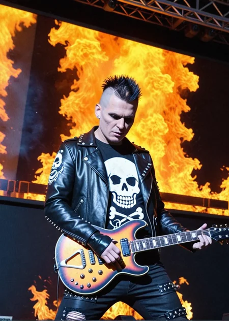 a man male guitarrist playing guitar wearing a leather jacket, metal spikes spiked, metal concert, fire flames, big screen background, skull
<lora:synthworld_V2:1>