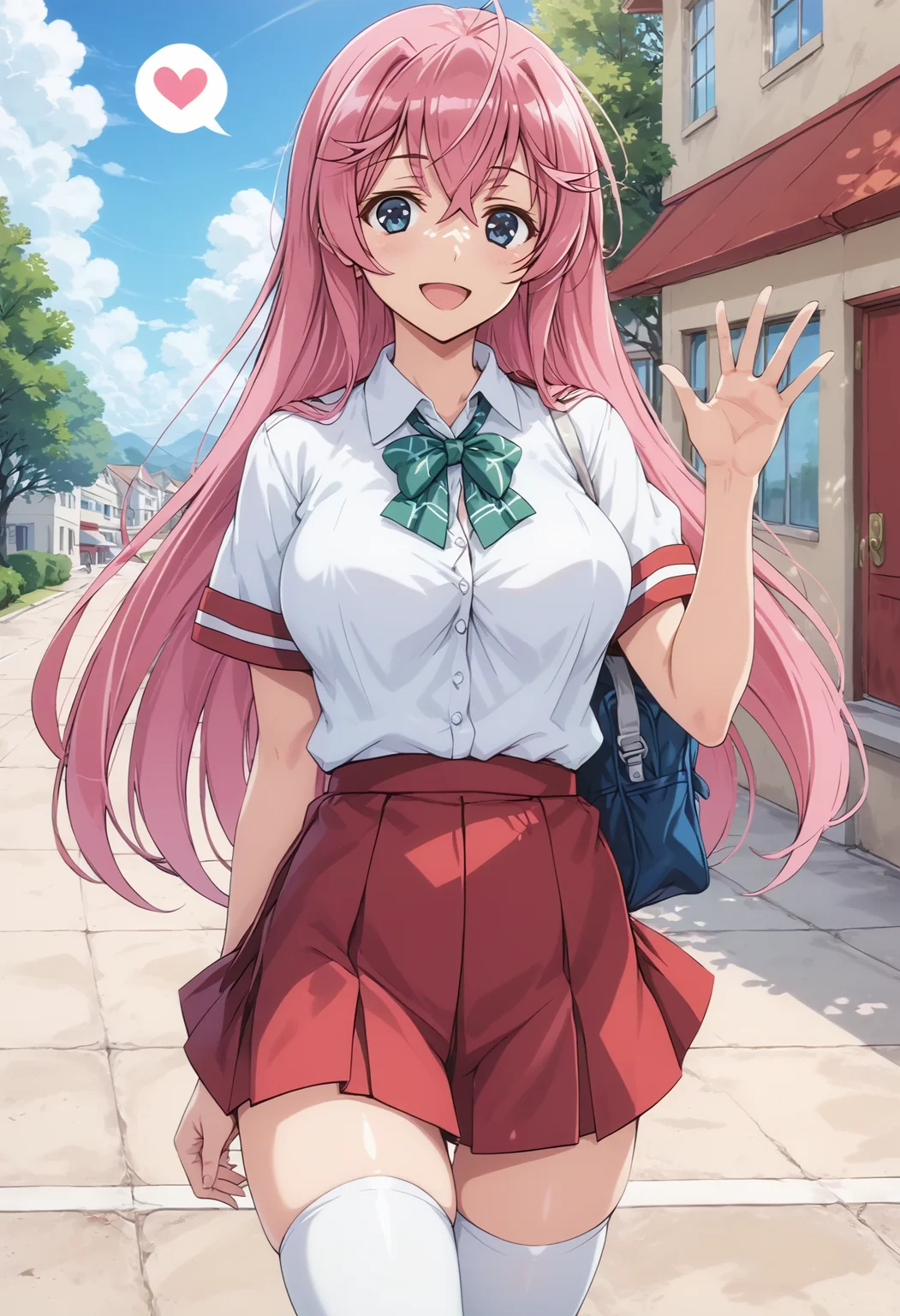 <lora:offset_0.2:0.6>, <lora:xl_more_art-full_v1:0.6>, <lora:add-detail-xl:0.7>,<lora:Smooth Anime 2 Style SDXL_LoRA_Pony Diffusion V6 XL:0.6>, <lora:sdxl_lightning_8step_lora:1>,<lora:sdxl-hairdetailer_02:0.6>
score_9, score_8_up, score_7_up, BREAK source_anime,best quality, masterpiece,anime screencap,source_anime,(ai-generated:0.8),
best quality, very aesthetic,absurdres,
otmn,<lora:Pony_otmn_v1_XL-000015:0.85>
1girl,solo,
pink hair,
large breasts,
smile,happy,v,
school uniform, red colored pleated skirt, green colored bowtie, white thighhighs,
spoken heart,
standing,waving,
in school,