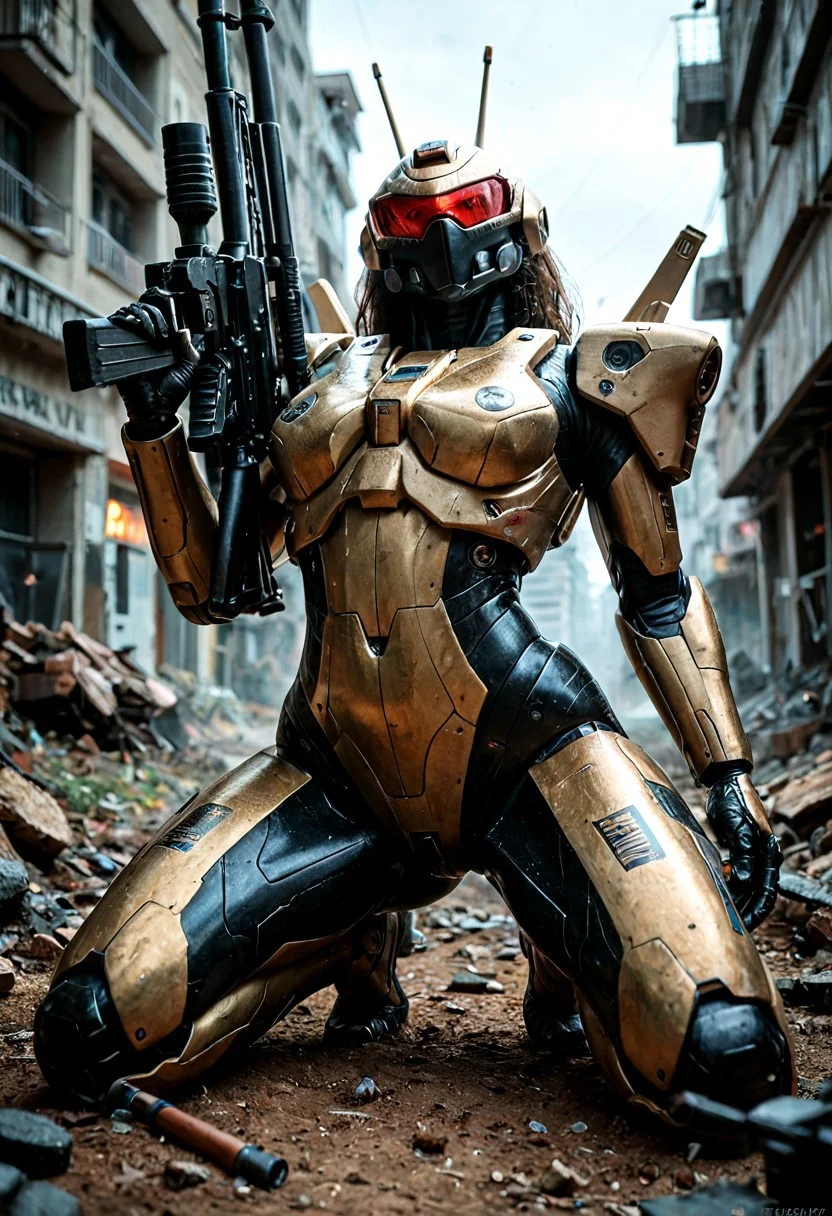 score_9, score_8_up, score_7_up, (masterpiece, best quality, ultra-detailed, realistic), a giant, powerful mecha suit, ready to face a challenging enemy in the midst of a futuristic battle, aiming a large sniper rifle of to the side while kneeling on one knee, sniper rifle,