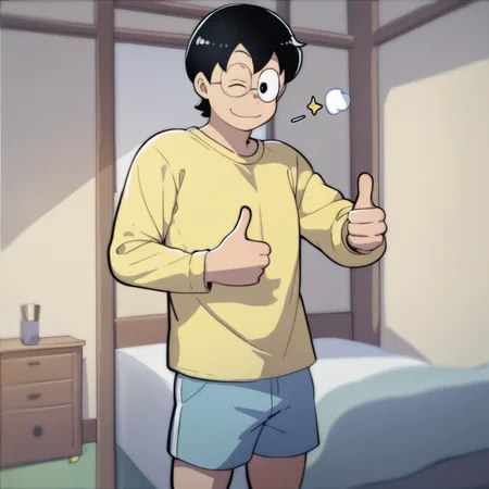 score_9, score_8_up, score_7_up, score_6_up, 1boy, solo, anime, Nobi Nobita from Doraemon, short hair, black hair, glasses, yellow shirt, long sleeves, blue shorts, bedroom, thumbs up, winking,