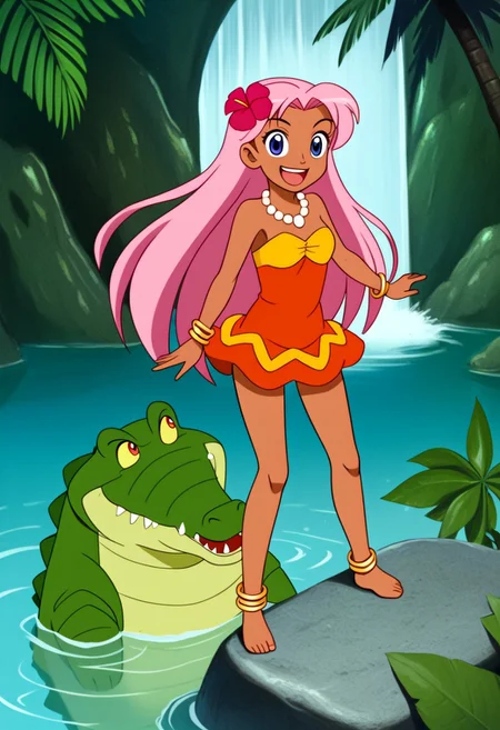 Tick tock crocodile,male animal focus,tail, crocodile open large mouth ,green skin, blue eyes, Tick Tock the crocodile is giant and very huge size,teeth, swimming in water,partially submerged,Tick Tock the crocodile looking at a young girl who she is standing on rock cliff. Little_Girl_anime_manga,long hair,pink hair, dark-skinned female,the girl her very smal size, purple eyes, ancient tropical_clothe, chest_band,red very long_dress, jewelry, dark skin, smile, necklace,hair flower, bracelet, anklet, barefoot,open mouth,river,palm trees, jungle, Disney, waterfall,anime, manga