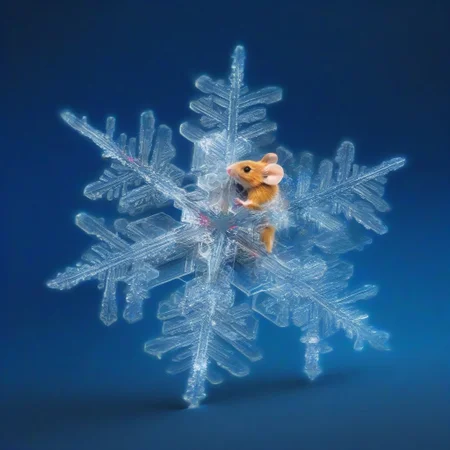 Tiny mouse holding a snowflake, seen under an electron scanning microscope, with details, vivid colors