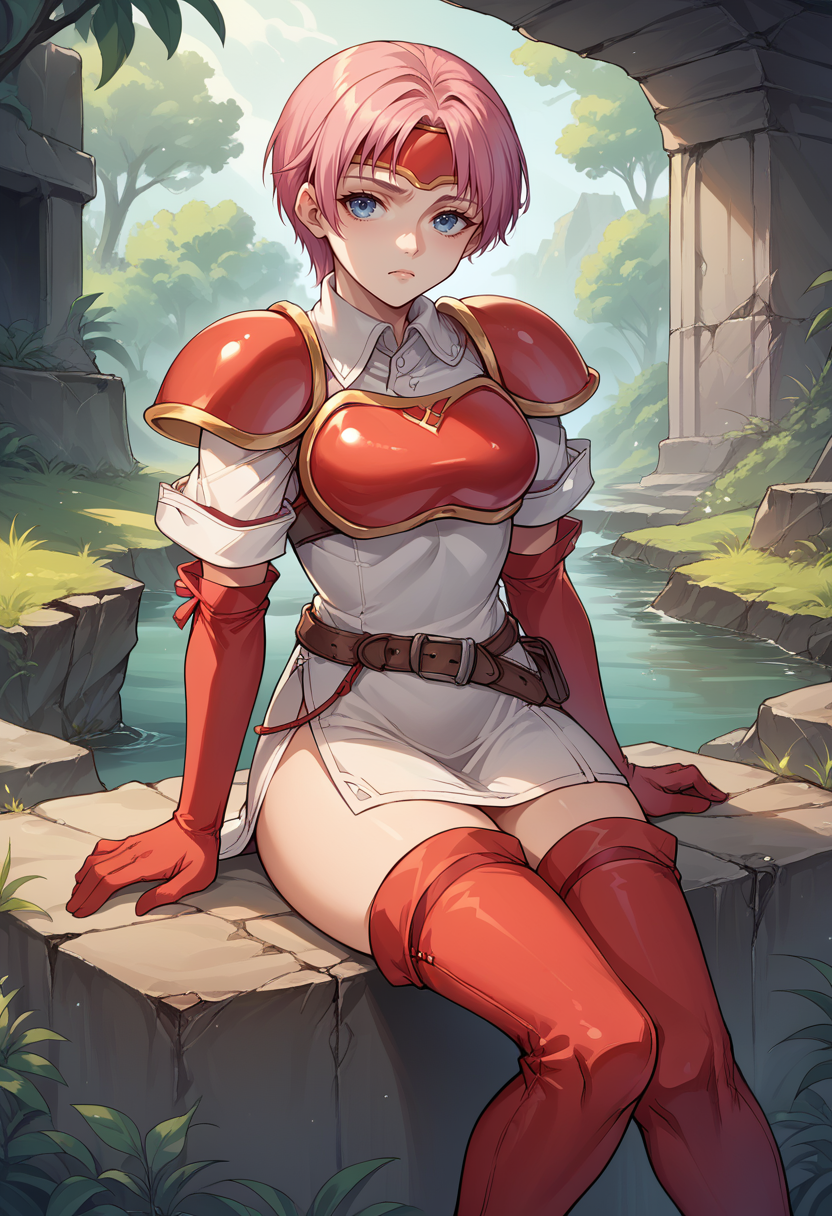 score_9, score_8_up, score_7_up, source_anime, BREAK 1girl, sitting, reclining, tired, <lora:MarciaFE-pdxl:1> defMarcia, short hair, white tunic, collared shirt, short sleeves, red armor, breastplate, medium breasts, headband, shoulder armor, red elbow gloves, belt, thighs, thigh boots, outdoors, forest, ruins