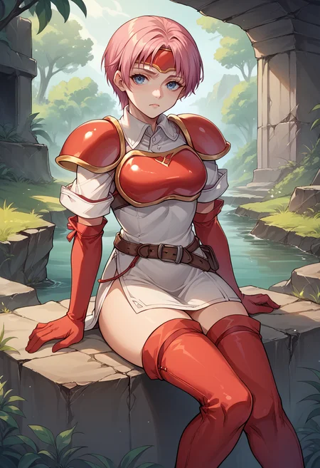 score_9, score_8_up, score_7_up, source_anime, BREAK 1girl, sitting, reclining, tired, <lora:MarciaFE-pdxl:1> defMarcia, short hair, white tunic, collared shirt, short sleeves, red armor, breastplate, medium breasts, headband, shoulder armor, red elbow gloves, belt, thighs, thigh boots, outdoors, forest, ruins