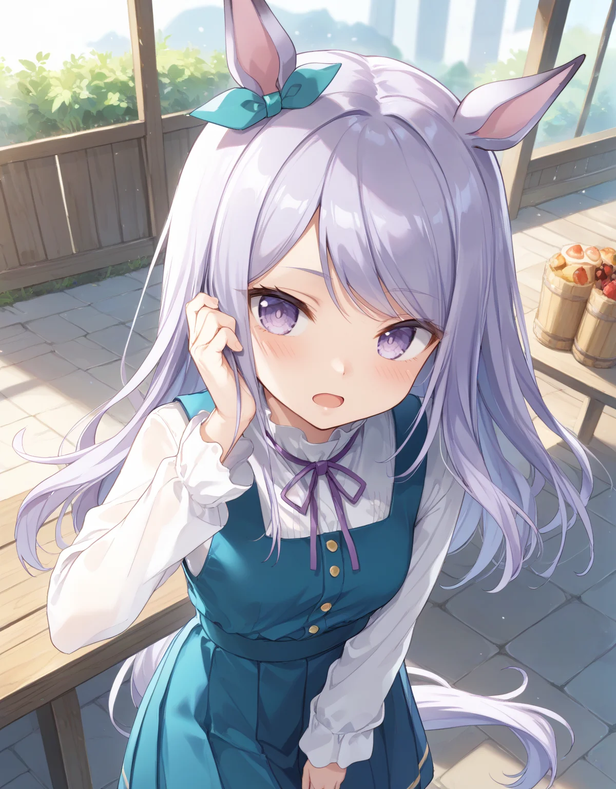 score_9, score_8_up, score_7_up, official art, masterpiece, high quality, megami magazine, official style, game cg, 1girl, (looking at viewer:1.4), (open mouth:1.0), , anxious, blush, Balancing on one foot, pretending to be a flamingo, from above, ,
mejiro mcqueen (umamusume), animal ears, horse ears, horse girl, horse tail, tail, violet eyes, purple eyes, long hair, purple hair, eyebrows visible through hair, bangs, swept bangs, <lora:umamusume_mejiro_mcqueen_pony_v1:1>,
mjm casual, ribbon, green ribbon, purple ribbon, ear ribbon, neck ribbon, eyes visible through hair, casual, alternate costume, dress, pleated dress, aqua dress, blue dress, green dress, pinafore dress, long dress, shirt, white shirt, long sleeves, black pantyhose,
,