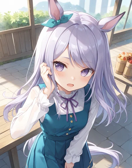 score_9, score_8_up, score_7_up, official art, masterpiece, high quality, megami magazine, official style, game cg, 1girl, (looking at viewer:1.4), (open mouth:1.0), , anxious, blush, Balancing on one foot, pretending to be a flamingo, from above, ,
mejiro mcqueen (umamusume), animal ears, horse ears, horse girl, horse tail, tail, violet eyes, purple eyes, long hair, purple hair, eyebrows visible through hair, bangs, swept bangs, <lora:umamusume_mejiro_mcqueen_pony_v1:1>,
mjm casual, ribbon, green ribbon, purple ribbon, ear ribbon, neck ribbon, eyes visible through hair, casual, alternate costume, dress, pleated dress, aqua dress, blue dress, green dress, pinafore dress, long dress, shirt, white shirt, long sleeves, black pantyhose,
,