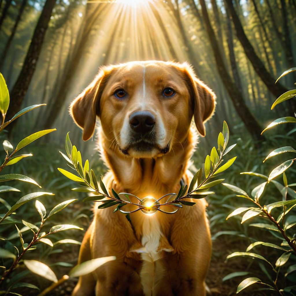 A dog holding an olive branch in its mouth, against the backdrop of a radiant sun. In the surroundings of the dog, the symbol of infinity. Bojan Jevtic's style.
sacred geometry