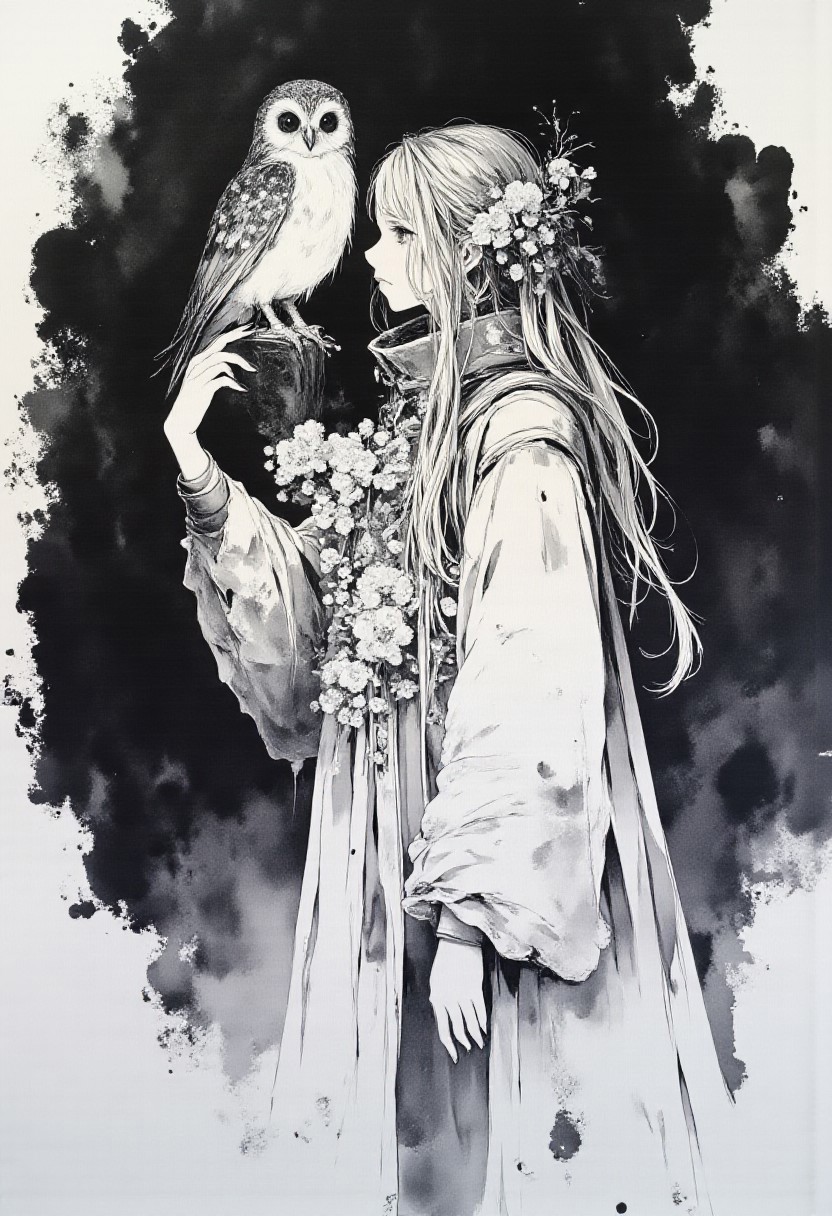 Contrast white, grey ,black with white as the reflection edges for the picture, the art is made to depict a woman in a black canvas and a window floats in the white space beside her as she pats a owl sitiing on window, graphical polish,high contrast neon anime style
