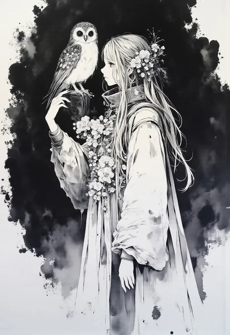 Contrast white, grey ,black with white as the reflection edges for the picture, the art is made to depict a woman in a black canvas and a window floats in the white space beside her as she pats a owl sitiing on window, graphical polish,high contrast neon anime style