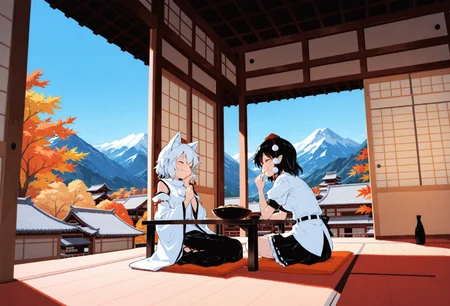masterpiece, best quality, amazing quality, flat colors, high detailed, high quality, high resolution, 4k,
2girls, shameimaru aya, inubashiri momij, detailed hands, detailed fingers, smile, relaxing, full body, sitting, eating a meal in an east Asian restaurant, indoors, east Asian architecture, window, village outside of window, autumn, mountain, blue sky