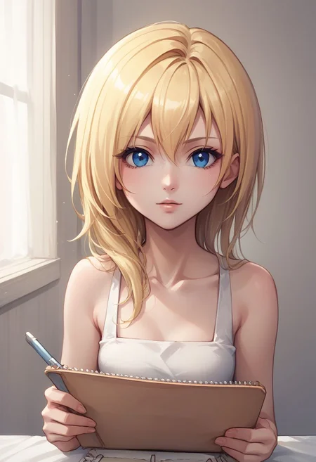score_9, score_8_up, source_anime, highly detailed, 1girl,
namine, 1girl, solo, blonde hair, blue eyes, long hair, looking at viewer, sketchbook,
bare shoulders, upper body,
indoor,