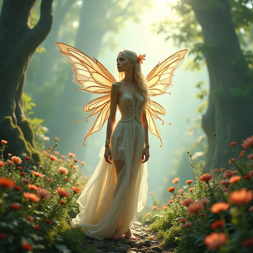delicate, ethereal fairy with intricate wings and flowing, petal-like garments stands at the center, surrounded by lush, vibrant Wonderland scenery, with soft colors and smooth blends reminiscent of the dreamlike quality found in the works of Amy Brown, Kinuko Y. Craft, and Brian Froud, as if rendered in a hyper-detailed, concept art style, blending seamlessly with a subtle double exposure effect