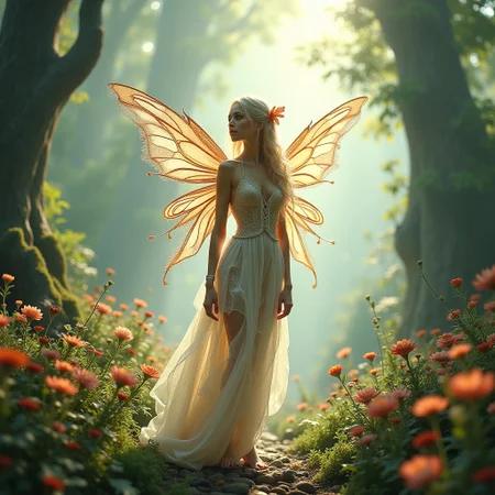delicate, ethereal fairy with intricate wings and flowing, petal-like garments stands at the center, surrounded by lush, vibrant Wonderland scenery, with soft colors and smooth blends reminiscent of the dreamlike quality found in the works of Amy Brown, Kinuko Y. Craft, and Brian Froud, as if rendered in a hyper-detailed, concept art style, blending seamlessly with a subtle double exposure effect