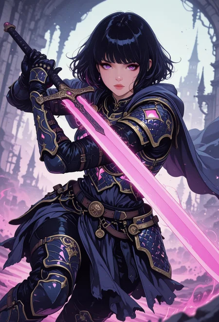 <lora:ck-nc-cyberpunk-IL-000011:0.35>,  masterpiece, best quality, good quality, very aesthetic, absurdres, newest, 8K, depth of field, focused subject, dynamic angle, action shot, cholographic shimmer intricate armor, whimsical ghostly woman hkbeauty looking at the viewer while aiming with a otherworldly glowing sword, manga, fantasy, inksketch, auraflow, 
in the style of cknc, in the style of ck-rw
<lora:MoriiMee_Gothic_Niji_Style_Illustrious_r1:0.5>
<lora:ck-neon-retrowave-IL:0.55>
<lora:ck-shadow-circuit-IL:0.65>