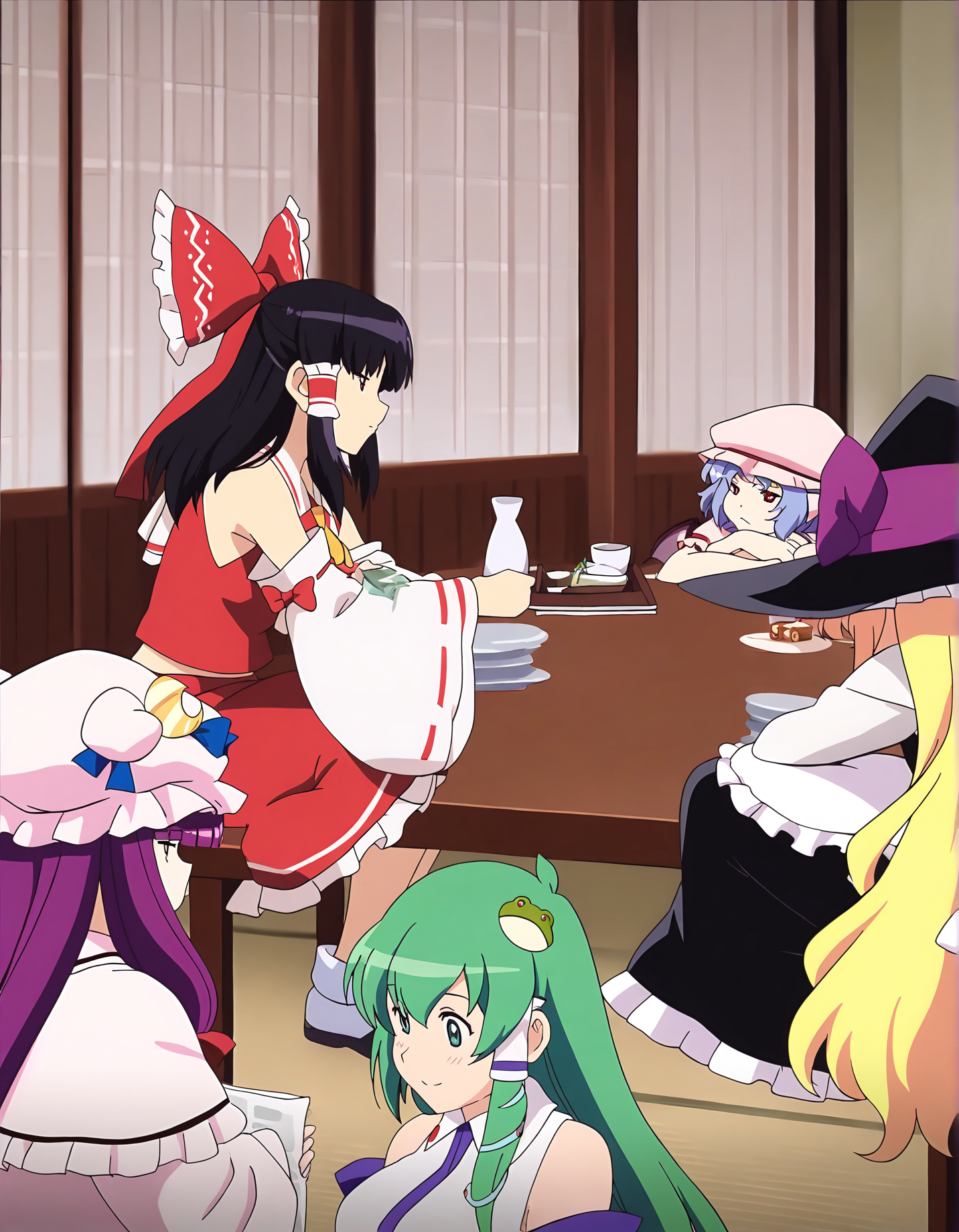 memoriesofphantasm, patchouli knowledge, remilia scarlet, multiple girls, hakurei reimu, newspaper, alice margatroid, kochiya sanae, detached sleeves, hat, green hair, cup, bow, hair bow, blonde hair, crescent, kirisame marisa, long hair, black hair, purple hair, mob cap, blue hair, wings, sensitive, bat wings, short hair, 6+girls, hair tubes, red eyes, table, ribbon, sitting, hairband, ascot, puffy sleeves, food, teacup, hat ribbon, skirt, head rest, smile, dress, hair ornament, capelet, red bow, tea, frog hair ornament, plate, crossed arms, long sleeves, tray, wide sleeves, crescent hat ornament, puffy short sleeves, short sleeves, hair ribbon, tokkuri, reading
very awa, masterpiece, best quality, year 2024, newest, highres, absurdres, <lora:memories-of-phantasm-style-noobai-epspred11:1>