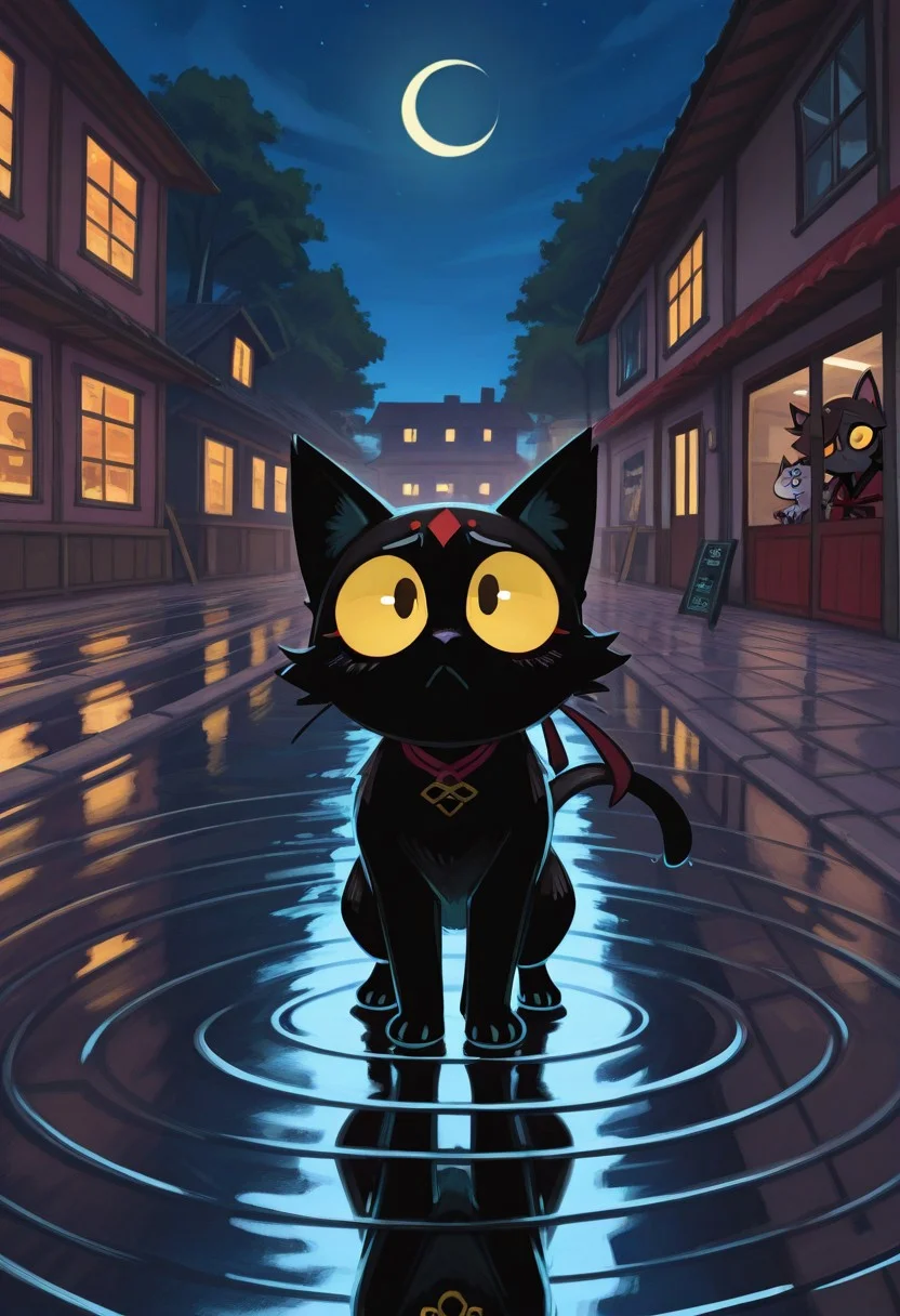 masterpiece, best quality, good quality, very awa, newest, highres, absurdres, yellow eyes, outdoors, water, tree, no humans, window, night, moon, cat, building, colored sclera, reflection, animal focus, black cat, crescent moon, ripples, yellow sclera, puddle, reflective water, limited palette, <lora:illustriousXL_stabilizer_v1.23:0.3> <lora:NOOB_vp1_detailer_by_volnovik_v1:0.3> <lora:ponyv6_noobE11_2_adamW-000017:0.3> <lora:114558v4df2fsdf5:0.6> <lora:XXX667:0.4> <lora:mon_monmon2133:0.5>, <lora:barleyshake-guy90-Illust-Lycorisv108:1> ekarab , 4ur4_illu, shiny, Rapscallionstyle ,vanripper , [(realistic:0.5)::0.2],
, <lora:NOOB_EPSv1_1_detailer_by_vlnvk_v1_0:1>
, <lora:spo_sdxl_10ep_4k-data_lora_webui:.5>
,    <lora:klskx_wai:.8> klskx, art by doppel ,gloss_(hotglossed) ,raichiyo33 ,