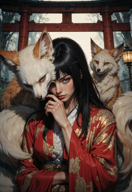 a fantasy character in a dramatic pose. The character is a woman with pale skin and long black hair, styled with bangs. She is wearing a vibrant red kimono with intricate patterns, and her lips are painted a striking red. She holds a fox mask partially covering her face, adding an air of mystery. Behind her, large fox tails are visible, suggesting a mythical or supernatural theme. The background is a misty, atmospheric setting with a traditional Japanese torii gate and a glowing lantern, enhancing the mystical ambiance.
