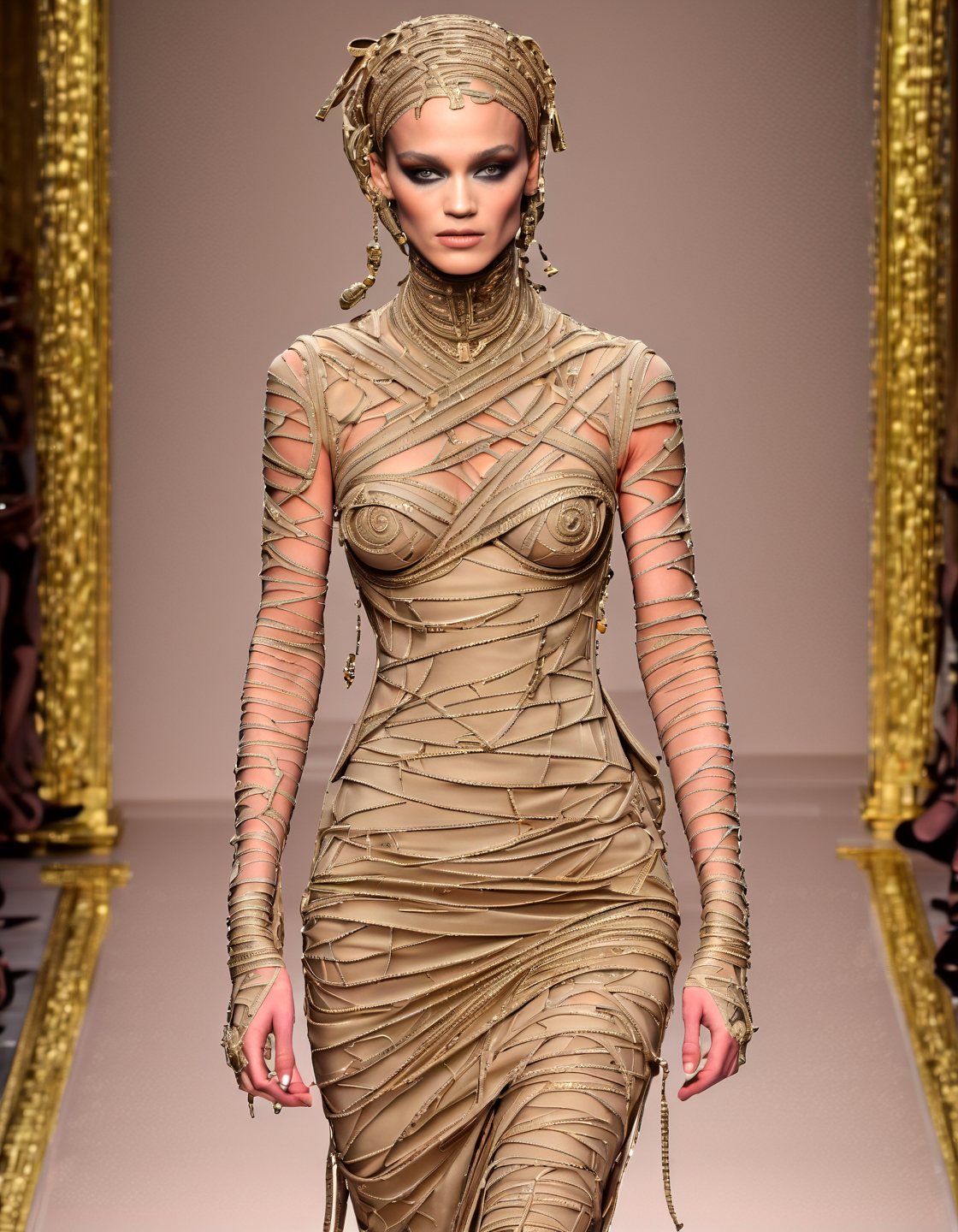 Haute Couture Fashion 1girl in (eddie:1.5) style, looking like a mummy,on a catwalk, hyper detailed, highly intricate,,,, Haute Couture Fashion, often for custom-fitted clothing, luxurious materials, or high-end design.
