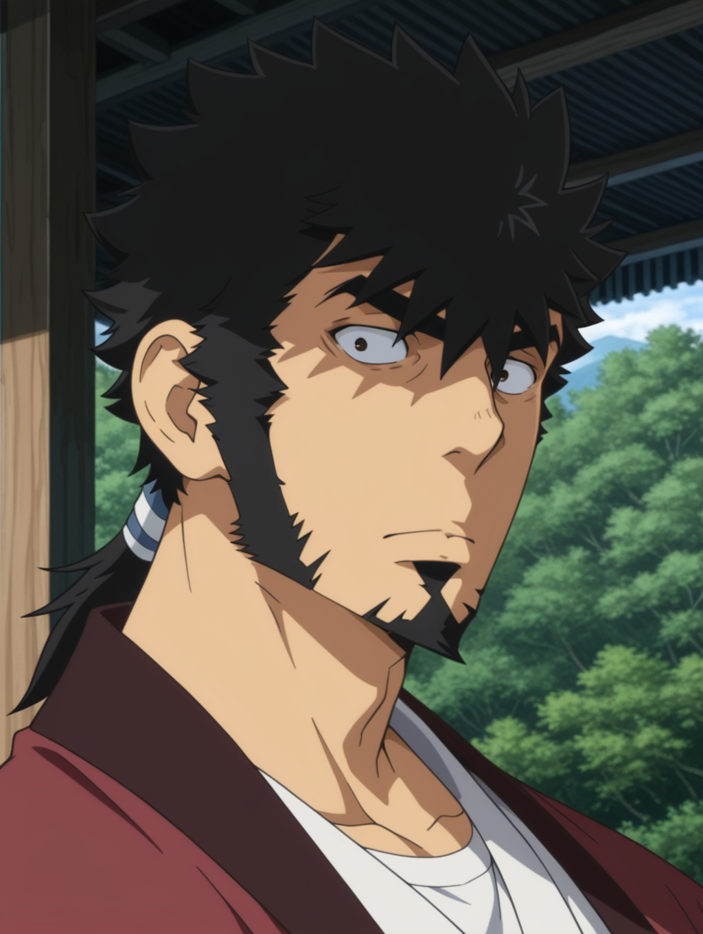 Kyouma Mabuchi, long sideburns, 1boy, white shirt, japanese clothes, outdoors, mature male, short hair, ponytail, portrait, solo, masterpiece, best quality, amazing quality