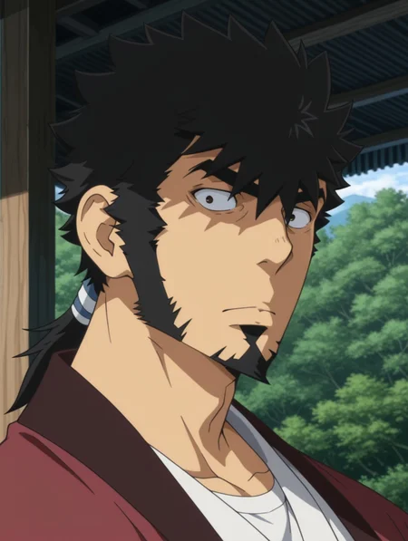 Kyouma Mabuchi, long sideburns, 1boy, white shirt, japanese clothes, outdoors, mature male, short hair, ponytail, portrait, solo, masterpiece, best quality, amazing quality