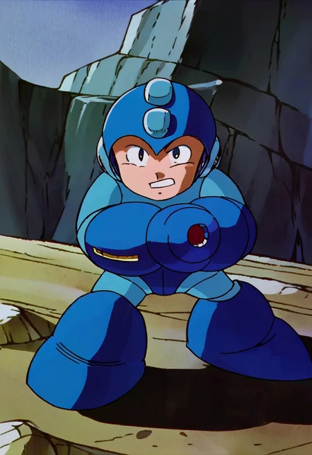berserk, megaman, rockman, mega, rock, arm cannon, blue and cyan armor, helmet, classic, 1boy, kid, child, male, solo