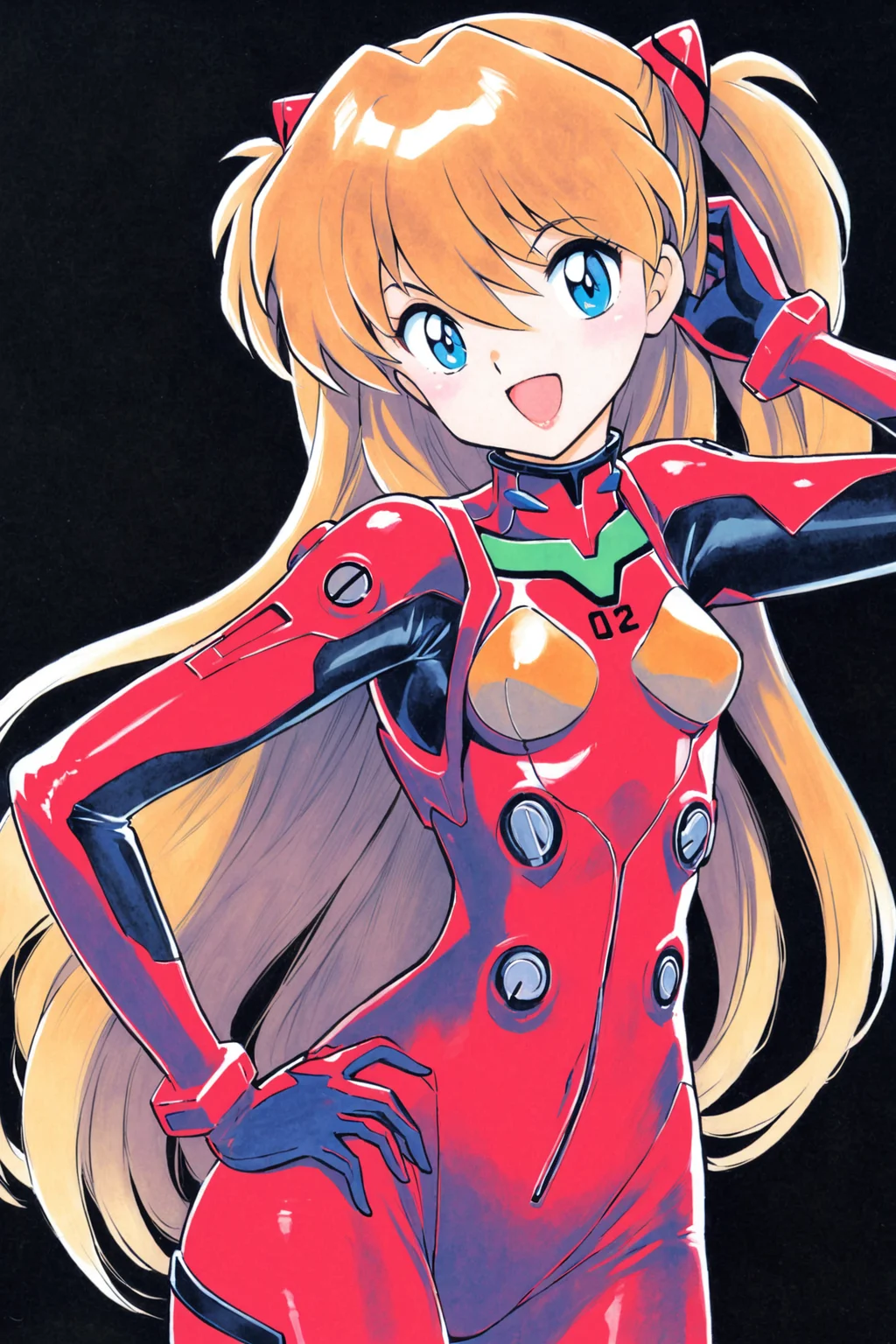 1girl,long hair,plugsuit,bodysuit,souryuu asuka langley,pilot suit,bracer,blue eyes,smile,open mouth,breasts,bangs,turtleneck,solo,cowboy shot,:d,hair between eyes,gloves,red bodysuit,small breasts,looking at viewer,headgear,two side up,hand on hip,skinny,adjusting hair,narrow waist,standing,orange hair,science fiction,hand up,shiny clothes,hair ornament,happy,from side,shiny,skin tight,simple background,black background,traditional media,<lora:Takahashi Rumiko_XL:0.8>,
