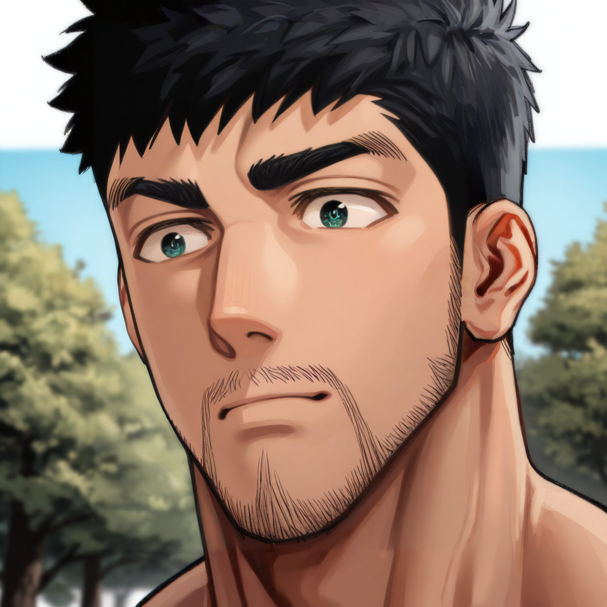 <lora:Kinokura_Gen_Futari_Solo_Camp:.8> knkr4_g3n, black_g3n_hair, green_g3n_eyes, beard stubble, 
face focus, close-up, 
(very short hair, beard, bara, mature, facial hair, stubble, beard, full beard, sideburn, beard, a lot of beard, ), facial hair,male focus, muscular male, muscular male, bara, mature,  bara, mature, aixiwuganda_(20222192), very awa, masterpiece, best quality, absurdres, newest, perfect quality, detailed background, intricate details,
<lora:slider_Body Type_alpha1.0_rank4_noxattn_last:3><lora:style_Anime Summer Days 2 Style SDXL_LoRA_Pony Diffusion V6 XL:.6><lora:slider_cfg_scale_boost:.7><lora:Artist6p:.55>, Artist6p, Artist04p,<lora:slider_il_brightness_slider_d1:-1><lora:slider_il_contrast_slider_d1:-1><lora:slider_DarkSlider1.2_alpha1.0_rank16_full_300steps:-.6>