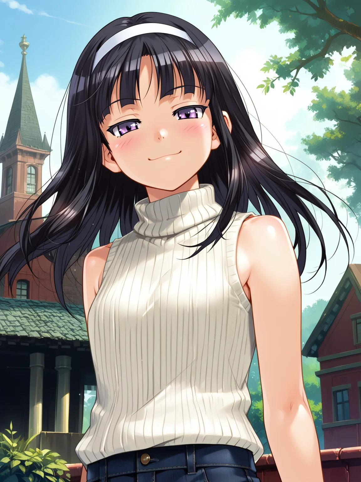 (cowboy shot, solo focus:1.2) <lora:happy_tentacle-midori-v0.1-000040:0.8>, ht_midori, black hair (petite:1.2), <lora:Shed_The_Skin's StS_age_slider_v1_initial_release:-1.5> ( :1.1) ( , (half-closed eyes :1.2) , (traumatized :1.2) , smile , (looking down:1.2) :1.1) , outdoors, vegetation, ( :1.1), , (dawn :0.6), (cloudy sky:0.6) , (:0.5), , (gothic architecture :0.9), sleeveless shirt, (turtleneck sweater:1.2) ( :0.8) score_9, score_8_up, score_7_up, score_6_up, score_5_up, score_4_up, ( [(realistic, photorealistic:1.3):(realistic:1.2):16] [(3d:1.2)::14] :1) <lora:LUUNA's Lunas-NijiJourney-SDXL-B2:0.35>, nijijourney <lora:prgfrg23's Counterfeit-V3.0 Style SDXL_LoRA_Pony Diffusion V6 XL:0.5> <lora:mfcg's mfcgXL:0.12> <lora:reweik's gyokai(himehajime)_PonyXL_style_v01:0.14>