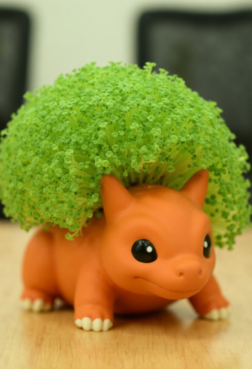 <lora:Chia_Pet_Planter_FLUX-000013:0.9>
Photograph of a terracotta color clay Bulbasaur, adorned with a lush, vibrant green plant. It is is sitting on a table.