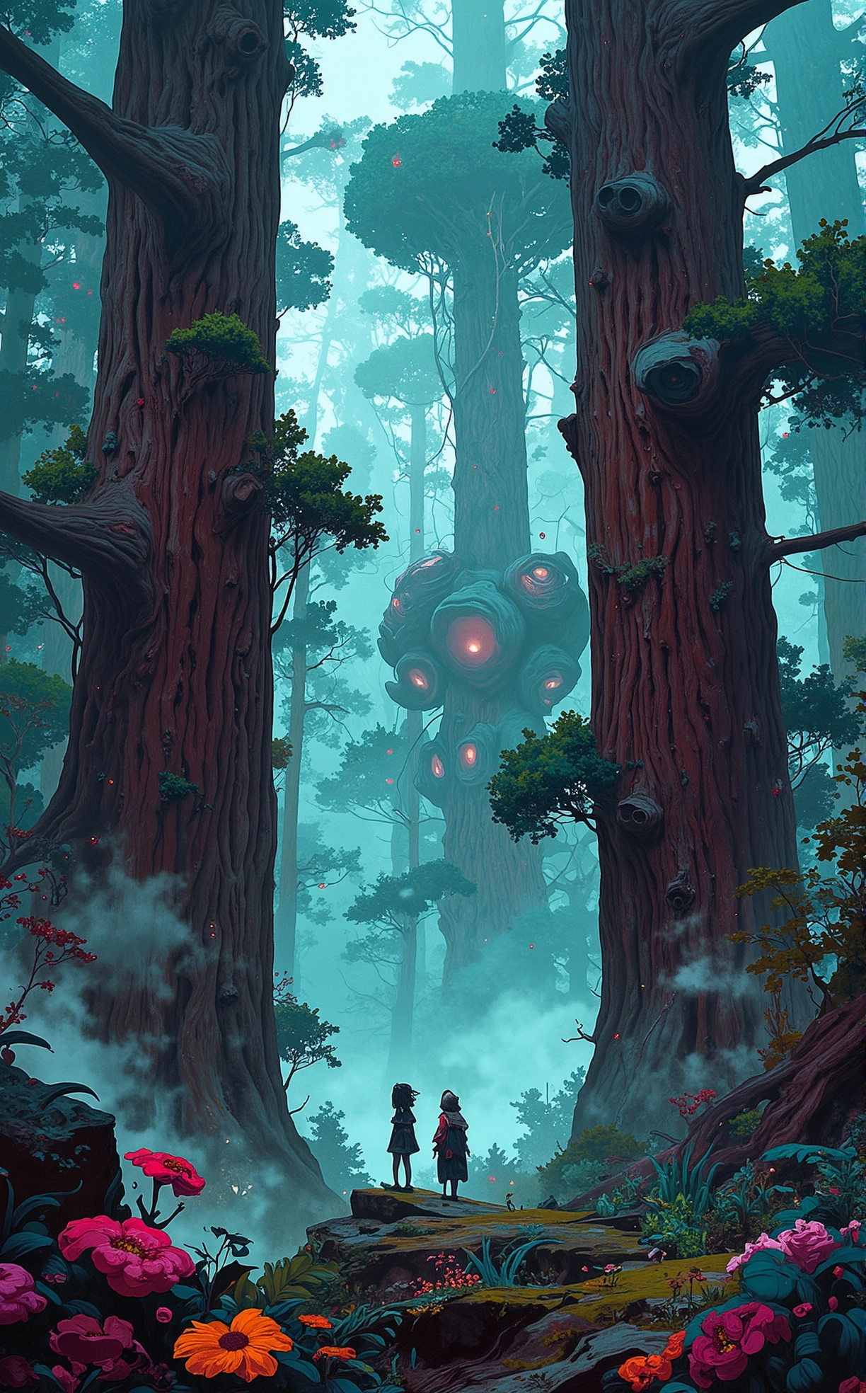 Off-center composition, full body with slight upward angle, gothic vampire sisters in a berlin underground punk night club, Amidst Towering Redwood Trees in a Misty Forest: The colossal trees rise into the sky, their trunks enhanced with nano-bark for added strength. Fog clings to the ground, broken only by the occasional beam of light from overhead surveillance drones. The forest floor is lined with cybernetic flora, their faint, pulsing lights creating an eerie ambiance., kawaii style  . cute, adorable, brightly colored, cheerful, anime influence, highly detailed