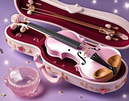 A photorealistic image of a child's toy violin as the main subject, with a charming twist. The violin is painted in a soft pink hue, adorned with a whimsical white unicorn design. Embedded along the violin's body are sparkling gemstones, intricately placed to form elegant moon shapes. The background features a magical six-pointed star circle, adding an enchanting and mystical ambiance to the scene. The lighting is soft yet clear, highlighting the vivid colors and delicate details of the unicorn and the gems, creating a captivating and dreamy toy violin,<lora:girl_toy_style:0.65>,