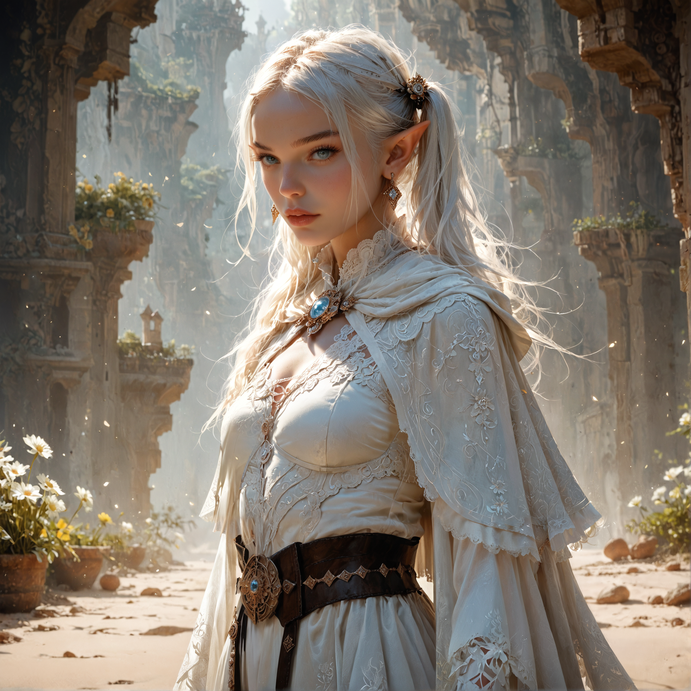 frieren, 1girl, long white hair, pointy ears, twintails, jewelry, elf, earrings, capelet, white capelet, long sleeves, parted bangs, dress, belt, flower,(ultra realistic:1.15),(photorealism:1.15),score_9, score_8_up, score_7_up,dynamic lighting,volumetric lighting,DOF,film grain,high detail,detailed background,high resolution,masterpiece,Ultra detailed,hyper detailed,perspective