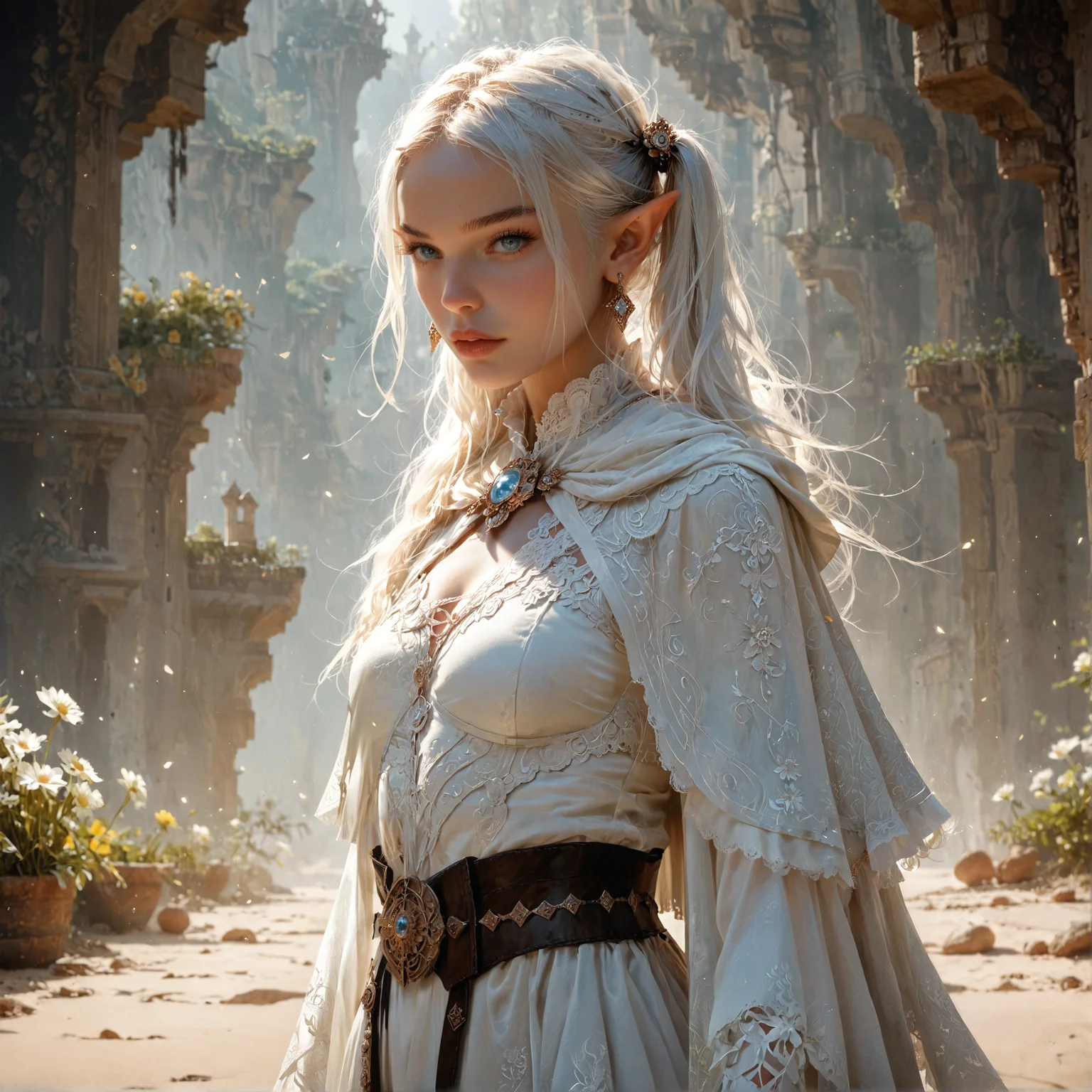 frieren, 1girl, long white hair, pointy ears, twintails, jewelry, elf, earrings, capelet, white capelet, long sleeves, parted bangs, dress, belt, flower,(ultra realistic:1.15),(photorealism:1.15),score_9, score_8_up, score_7_up,dynamic lighting,volumetric lighting,DOF,film grain,high detail,detailed background,high resolution,masterpiece,Ultra detailed,hyper detailed,perspective