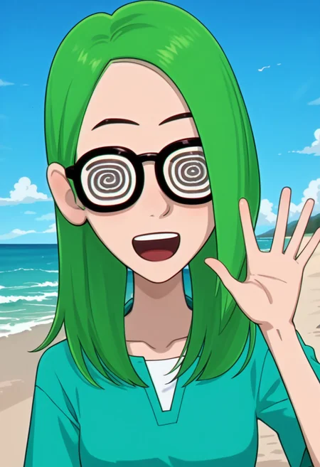 score_9, score_8_up, score_7_up, score_6_up, score_5_up, score_4_up, best quality, ultra detailed, source_anime, intricate details, perfect anatomy, tbmidoriko, green hair, medium hair, hair over one eye, hair behind ear, coke-bottle glasses, solo, closed eyes, smile, open mouth, long hair, waving, collarbone, :d, breasts, ^ ^, add_detail:1, add_detail:0, add_detail:0.5, sky, blue sky, Beach,
