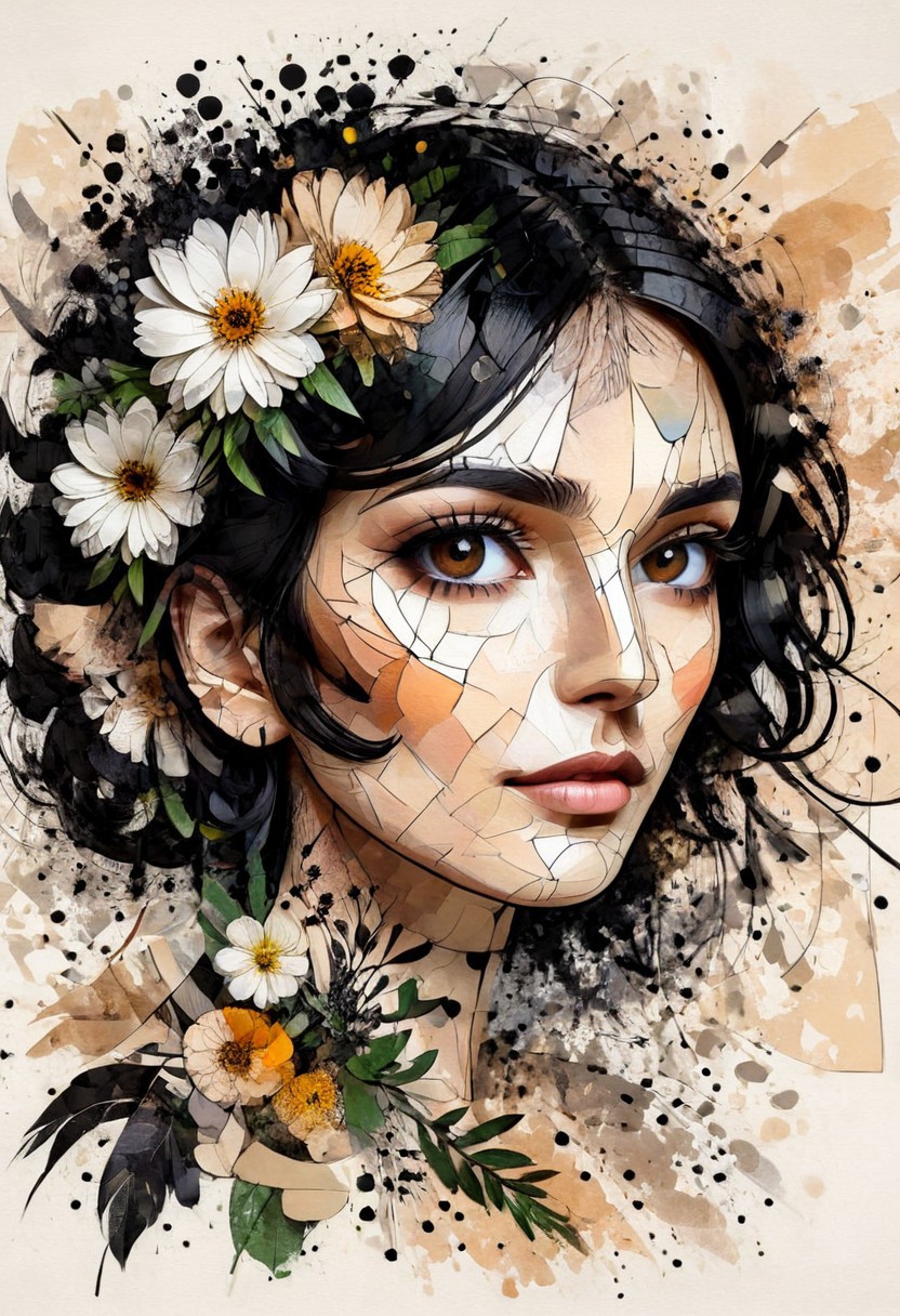 InkMosaic, a portrait of a woman with flowers in her black hair, brown eyes
